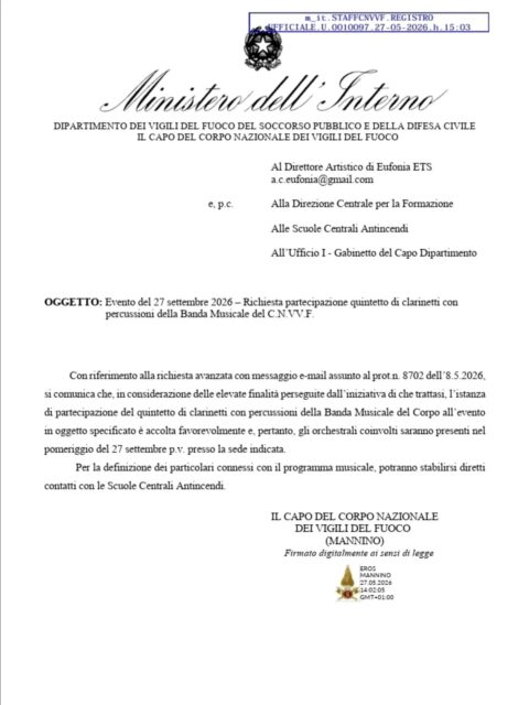L'estate, per noi di Eufonia, è sempre stata periodo di riposo ma anche di programmazione.Condividiamo volentieri con voi la lettera ricevuta dal Capo del Corpo Nazionale dei Vigili del Fuoco, con la quale ci viene concessa la presenza del Quintetto di Clarinetti con Percussioni della Banda dei VV.FF. per il nostro consueto concerto di beneficenza a favore della Lega Italiana Fibrosi Cistica Lazio. 😍✍🏻 Segnatelo subito sulla vostra agenda a domenica 27 settembre perché sarà il primo di una lunga e ricca stagione di cui vi diremo di più a tempo debito.Buon proseguimento di vacanze! 🌞@lifclazio