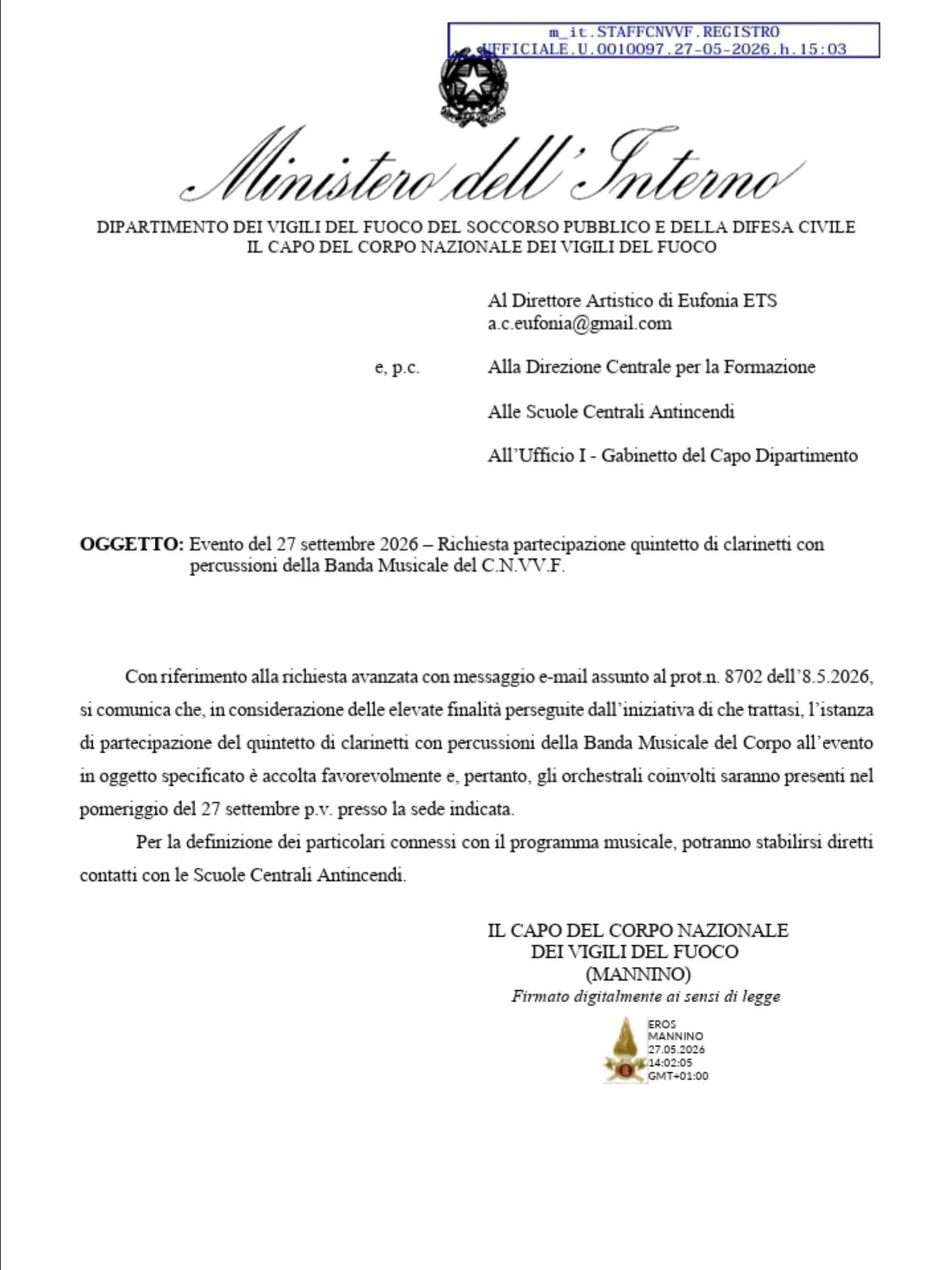 L'estate, per noi di Eufonia, è sempre stata periodo di riposo ma anche di programmazione.Condividiamo volentieri con voi la lettera ricevuta dal Capo del Corpo Nazionale dei Vigili del Fuoco, con la quale ci viene concessa la presenza del Quintetto di Clarinetti con Percussioni della Banda dei VV.FF. per il nostro consueto concerto di beneficenza a favore della Lega Italiana Fibrosi Cistica Lazio. 😍✍🏻 Segnatelo subito sulla vostra agenda a domenica 27 settembre perché sarà il primo di una lunga e ricca stagione di cui vi diremo di più a tempo debito.Buon proseguimento di vacanze! 🌞@lifclazio